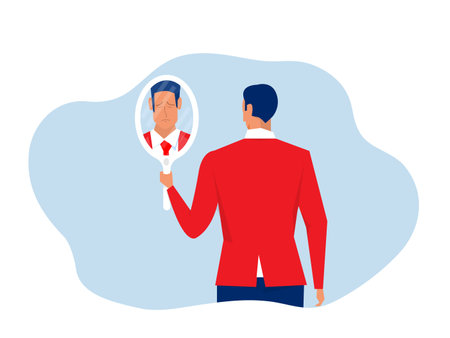 businessman looking him self from the mirror face sad or depression often conceal their true feelings or keep them inside mental health concept  flat vector illustrationのイラスト素材