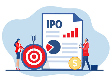 IPO, initial public offering. businessman offer  Investing on laptop Concept ,Flat vector illustration.のイラスト素材
