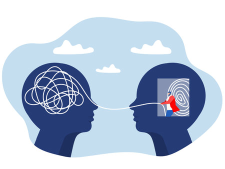 Two human heads silhouette decoding and understanding problem or rational and irrational thinking, conflict. Ordering thoughts into structure  brain mental health psycho therapy conceptのイラスト素材