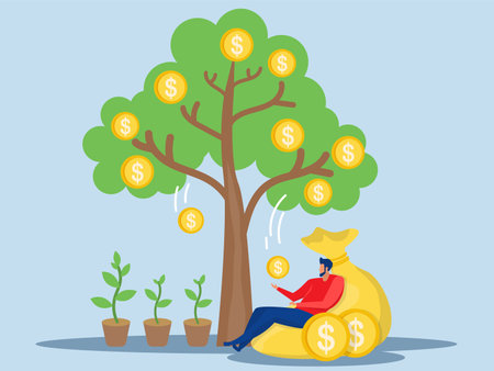 a man relaxes waiting for the money to enter his dollar bag, growing tree with coins and money, profit, financial management, investment, successful flat illustrator vectorのイラスト素材