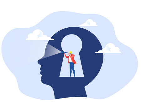 Business vision concept, businessman using telescope to look into the distance Self-discovery , Positive Psychology and Self Awarenessのイラスト素材