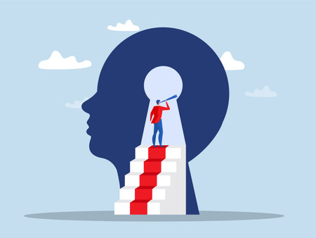 Business vision concept, businessman using telescope to look into the distance Self-discovery , Positive Psychology and Self Awarenessのイラスト素材