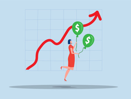 Interest rate hike due to inflation percentage rising up Inflation and monetary policy concepts,Businesswoman investors flying with dollar symbol balloons.vectorのイラスト素材