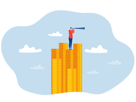Investment growth, interest rate rising up or economic forecast concept Top view-Businessman with spyglass on Stacks of gold coins Financial visionaryのイラスト素材