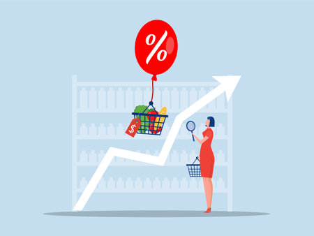 goods Inflation,women stress with Rising food price crisis,Prices of commodities and consumer goods rose due to rising inflation concept. vector illustrationのイラスト素材