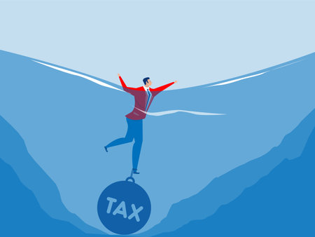 tax burden Business concept ,Businessman drowning chained with a weight Taxes,high overall tax burden Business vector illustratorのイラスト素材