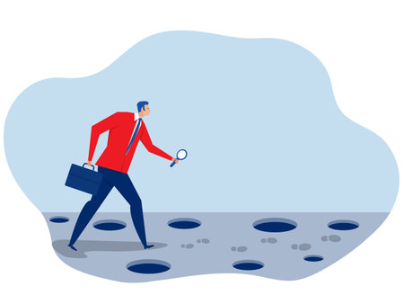 Search for new way. Businessman is looking through a magnifying glass. Search for direction. way goal success . Vector illustrationのイラスト素材