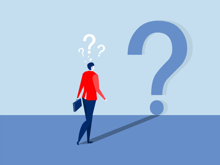businessman looking at self shadow as question mark sign ,Confusion olution to solve problem concept on blue background flat vector illustration.のイラスト素材