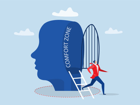 businessman step out of comfort circle for freedom for new success.manage to exit from original idea to start new idea conceptcomfort zone concept vectorのイラスト素材