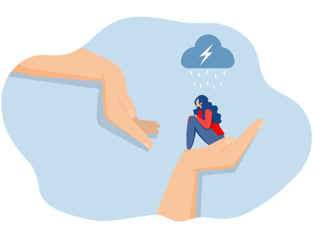 psychological support concept Young woman character sitting on palm psychotherapy help and support counseling session about unhappy vector illustrationのイラスト素材
