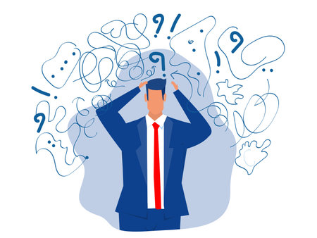 Business man suffers from obsessive thoughts; headache; unresolved issues; psychological trauma; depression.Mental stress panic mind disorder illustration Flat vector illustration.のイラスト素材
