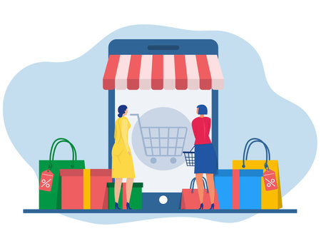 Online shopping , women buying online Discount sale store  landing page website illustration flat vector template.のイラスト素材
