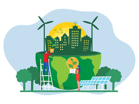 Business invest with ESG or ecology problem concept, business invest energy sources. Preserving resources of planet. Cartoon modern flat vector illustrationのイラスト素材