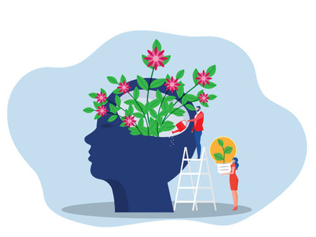 Growth mindset concept ,people watering plants from the brain as personality growth, self-improvement and self-improvement ideas flat vector illustratorのイラスト素材