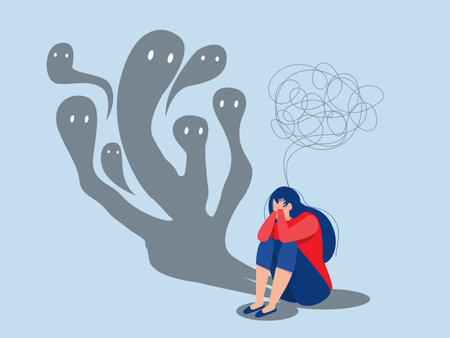 Fear attack concept  girl sitting on floor and struggling with inner fears and psychological disorders problems with mental health and psychology.  phobia Cartoon flat vector illustrationのイラスト素材