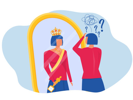 imposter syndrome, Woman looking on mirror herself Promote work with Anxiety and lack of self-confidence at work concept flat illustrator vectorのイラスト素材