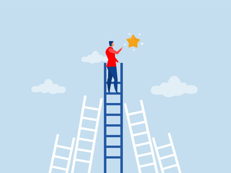 Business man on climb up ladder reaches stars target on sky. Achieve goal and dream,goal, achievement or opportunity career development concept vectorのイラスト素材