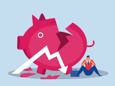 Stressful businessman looking at invest  or penniless from price drop diagram and graph down vector illustratorのイラスト素材