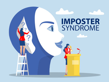 imposter syndrome, business woman holding mask happy face but behind Anxiety and lack of self confidence at work vectorのイラスト素材