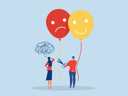 Businessman using scissors to cut rope on anchoring balloon between Positive thoughts shift from feeling sad Optimism and the power of mind to change mood, behavior, decision-making powers.vectorのイラスト素材