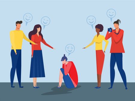concept of bullying , woman victim sitting holding knees with sad face with male and female laughing sternly pointing at him making the picture cartoon flat colorful vector illustrationのイラスト素材