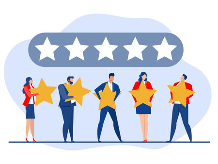 Five star rating positive feedback,people holding review stars customers rating client feedback satisfaction level concept,supporting product or service vector illustrationのイラスト素材