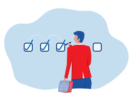 businessman pencil-categorized sticky notes work on completed checkbox to reach goal finished checklist,project progression progress to target concept vectorのイラスト素材
