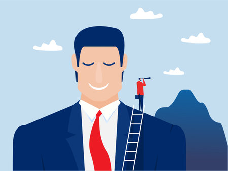 gigantic concept Business persons stand use binoculars on the shoulders of giants Business goals success; Concept of vision Vector illustrationのイラスト素材