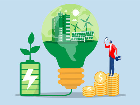 Business invest with ESG or ecology problem concept, Ecology city with and clean energy solar panels and windmills on Light bulb on green background. Green energy technology. Flat vector illustration.のイラスト素材