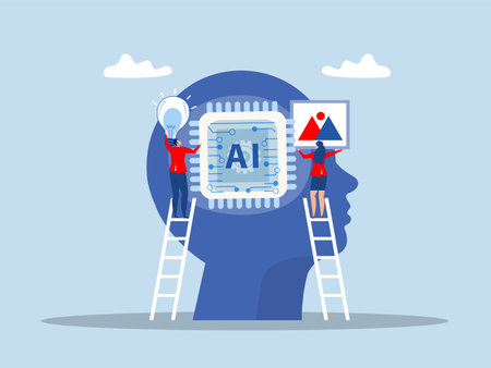 Digital brain human  ,Businesswoman work AI artificial intelligence with idea on AI artificial intelligence chip.AI prompt engineer or robot assistance conceptのイラスト素材
