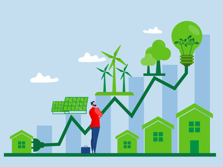 Business invest with growth graph for ESG or ecology problem concept; business invest energy sources. Preserving resources of planet. flat vector illustrationのイラスト素材