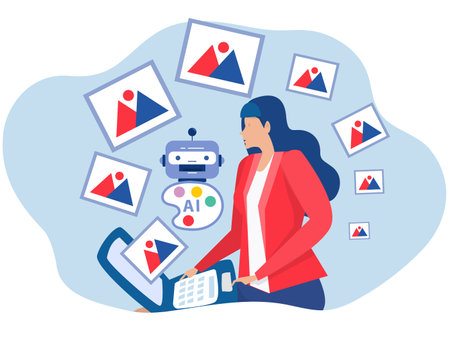 Businesswoman AI prompt engineer or AI chatbot to create a text or an image Prompt engineering of using artificial intelligence and photo processingのイラスト素材