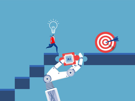 Partnership contact,businessman upstairs with partner robbot  Machine future cooperation Partnership and robot concept, vector illustration in flat styleのイラスト素材
