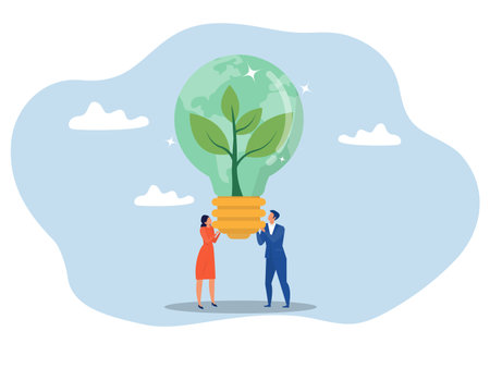 Business people green corporate company concept Sustainability  lightbulb, ESG, eco environment friendly or clean energy solution, green renewable power, reuse or recycle ecosystem vector illustratorのイラスト素材