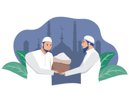 Happy Muslim Portrait people giving donation Zakat to Poor Old Man while Ramadan Month Islamic obligation of donation and charity flat style vector illustrationのイラスト素材