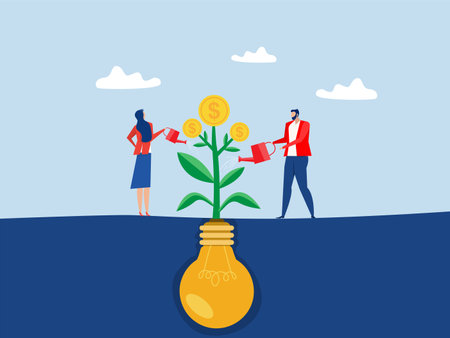 Monetize idea,businessman watering on growing money coin seedling plant from lightbulb idea metaphor of monetize idea. make profit from creativity or innovation.のイラスト素材