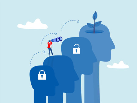businessman use telescope climb up head human to see Growth mindset concept vector illustratorのイラスト素材