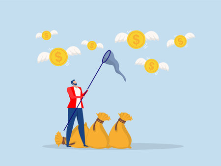 businessman investor run chasing try to catch high performance attractive dollar coin  hunting for profit and wanting to increase capitalのイラスト素材