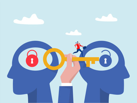 hand people holding big key for unlock think growth mindset different fixed mindset concept vectorのイラスト素材