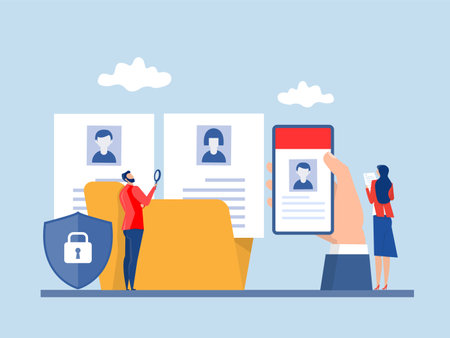 KYC or know your customer with business verifying the identity of its client's concept at the partners-to-be through a magnifying glass  of business identification and  safety.のイラスト素材