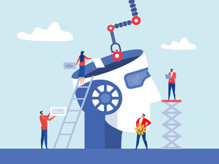 Ai generated or Artificial intelligence concept Teamwork business working fixing a big robotic head. Mechanic arm, chat, coding symbols.AI processing chip development innovation concept vectorのイラスト素材