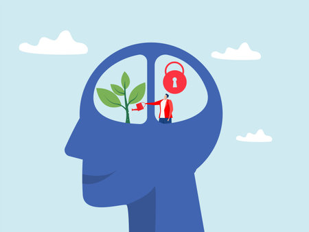 Growth mindset vs Fixed Mindset , people Watering plants with big brain growth on human head with brain inside and symbol.The difference of positive and negative thinking mindset concepts.のイラスト素材