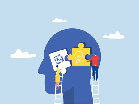 Business woman and man holding two pieces puzzle matching ai with idea symbol icon on big head human development innovation vector illustratorのイラスト素材
