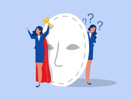Imposter syndrome.woman standing for her present profile with fear after door . Anxiety and lack of self confidence at work; the person fakes is someone else conceptのイラスト素材