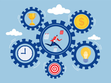Businessman Running on Gear,Effort and time to make money, Success long term investment, Deadline effect to make people finish work, Running with full effort inside gear cogsのイラスト素材