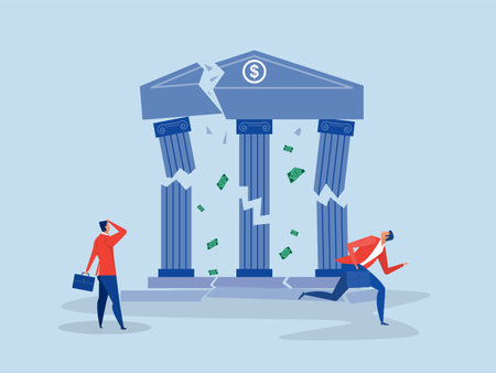 bankruptcy problem,businessman running  collapsing bank building.Banking collapse or bank run, financial crisis or bankruptcy problem, stock market crash or credit risk, failure or investment failure concept,のイラスト素材