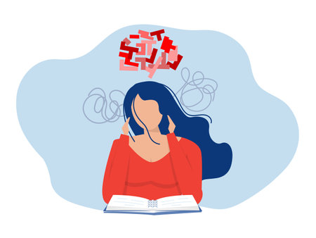 ADHD people concept, girl is a headache because tired of doing work Difficulty learning. Dizzy man.vectorのイラスト素材