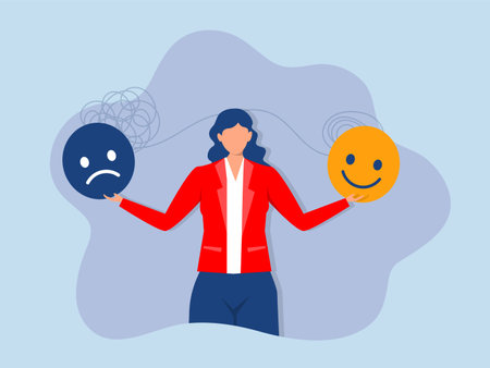 Mental health flat concept,Woman Positive and negative emotions,good and bad mood.opposites psychological vector mood swings vector illustrationのイラスト素材