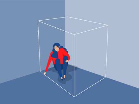 Square symbolizing comfort zone,Woman draws comfort zone around herself to get rid of unwanted contacts and protect peace of mind. Lonely,xperiences mental anguish due to fearのイラスト素材