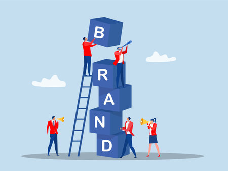 Team business  help building block with the word BRAND.marketing or advertising for company reputation, strategy to promote product or sales strategy concept vector illustrator.のイラスト素材